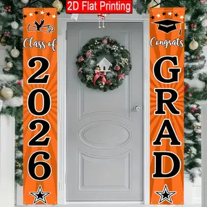 2D Flat - 2pcs 2D Flat Congratulations Graduation Party Porch Banner, Decorative Banner, Graduation Party Decorations | Orange and Black Belt 2026 High School College Flag, Polyester, 12x70.8 inches, No Electricity Required