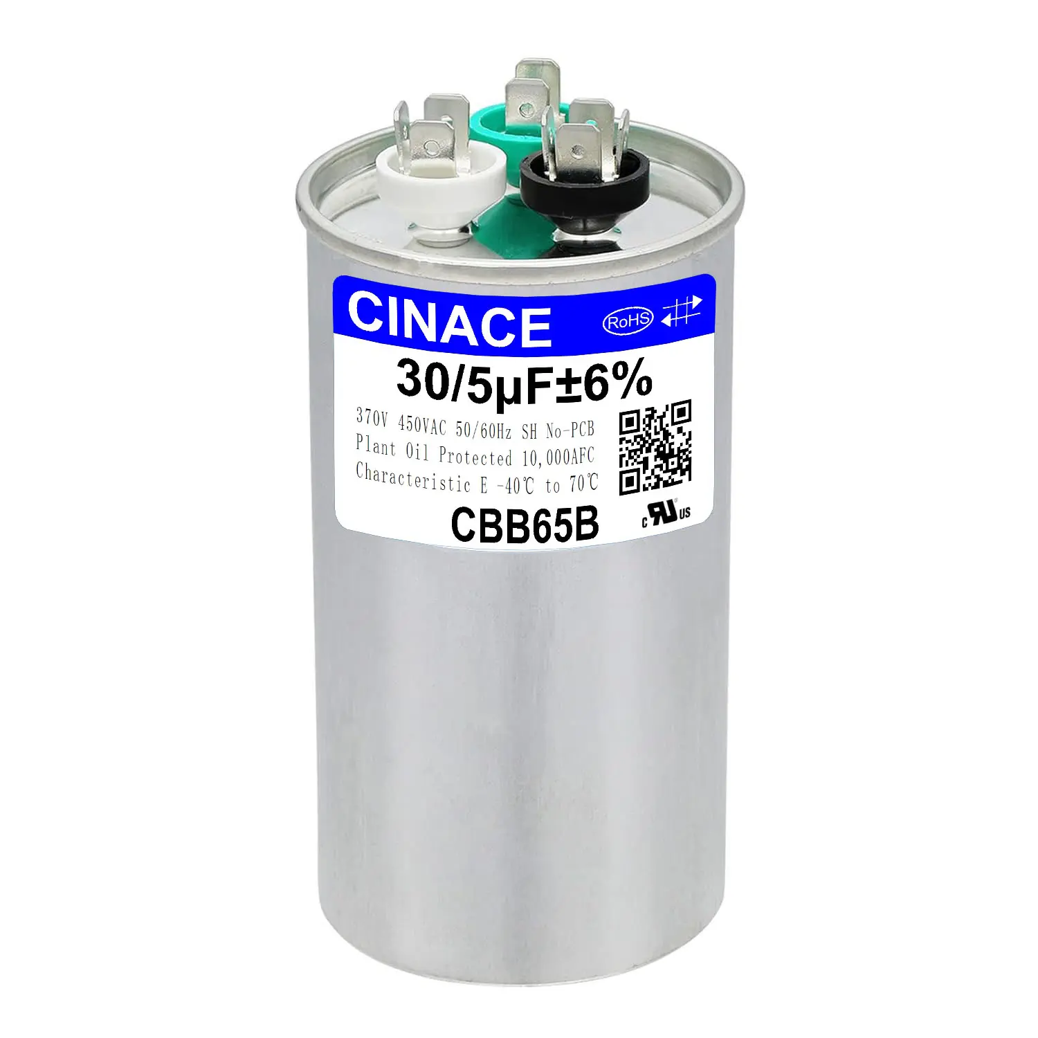 CINACE 30µF±6% (30MFD)Dual-Run Circular Capacitor,  CBB65, 370-450VAC Voltage Range, 50/60Hz Frequency, 100x50mm, for HVAC Apps, Compatible with Air Conditioners, Fans, AC Motors