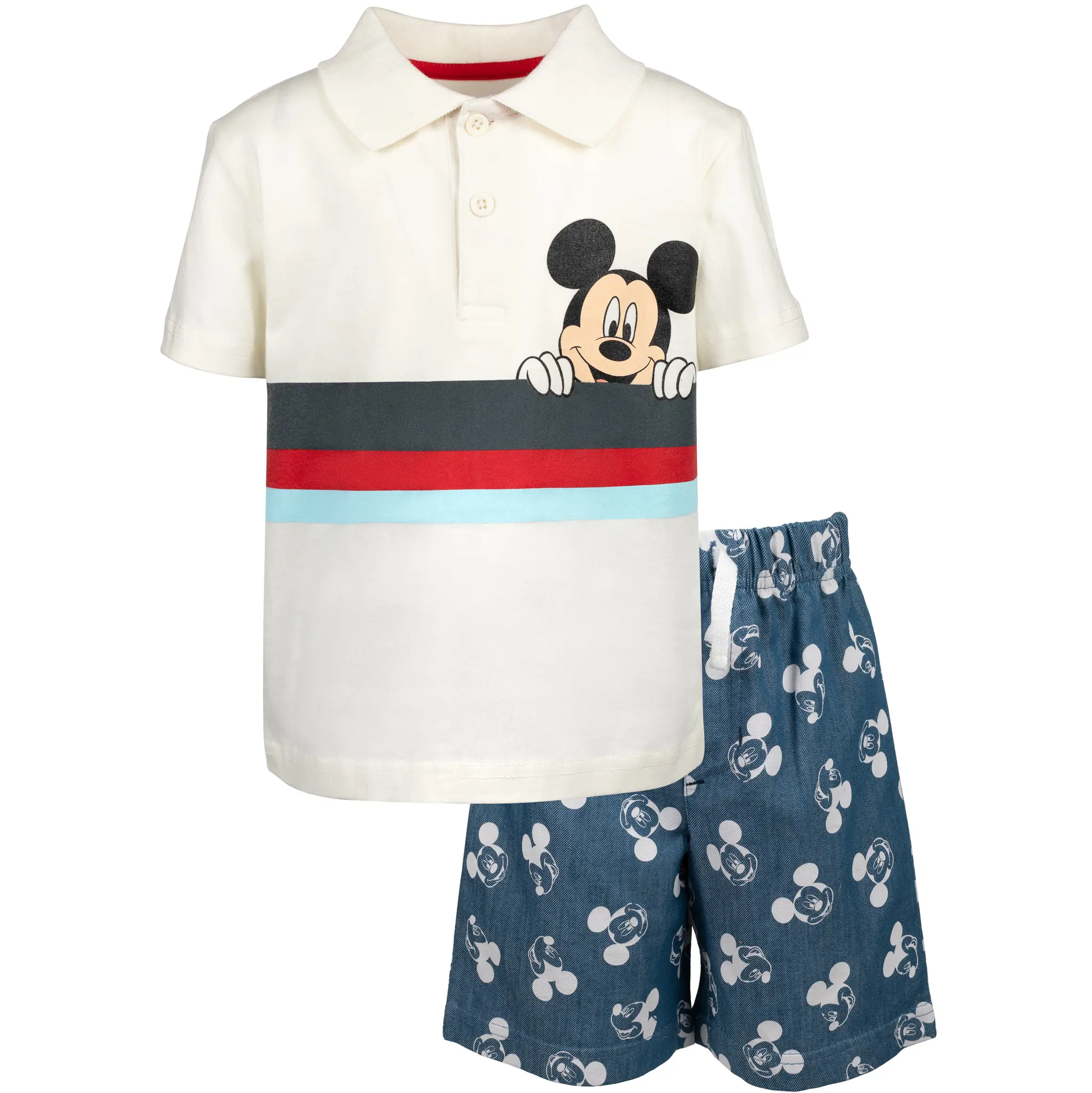 Disney Boys' Mickey Mouse 2-Piece Polo Set, Casual Knit Jersey Graphic Top and Chambray Shorts, Toddler to Big Kid Sizes, Graphic Polo, Casual Wear, Toddler Size, 3T, 3-4 Years, Two-Pieces