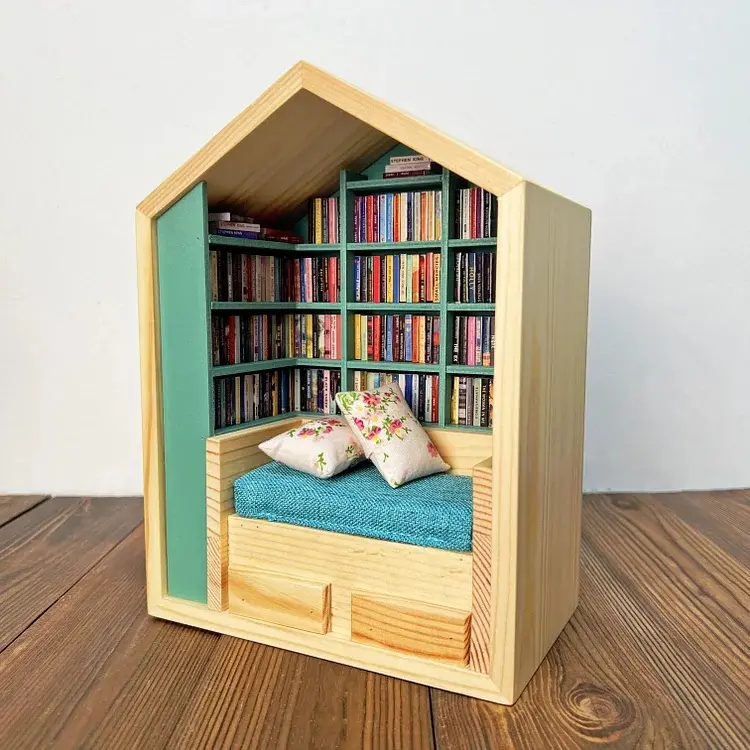 Handmade Wooden Miniature Room Box - Bookshelf, 260+ Mini Books, 2 Cushions, Artistic Decor, Relaxing DIY Activity, Ideal Gift for Teens & Book Collectors