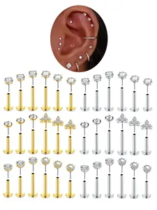 18pcs/set 16g Non-Tread Push-In Cartilage Ear Bone Studs, Tragus Helix Labret Medusa Piercing Jewelry for Men and Women, Perfect Valentine's Gift, Body Piercings Set