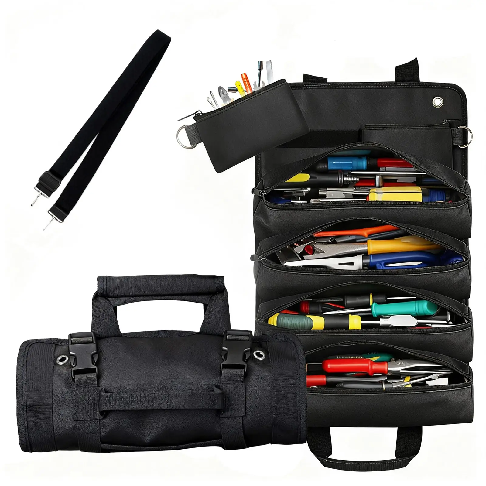 Durable roll up tool organizer made for real work, with strong stitching, reliable zippers, water resistant fabric and enough storage for pliers, screwdrivers, wrenches, sockets and small parts.
