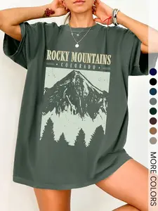 Women's Landscape Print Round Neck Tee, Fashion Casual Crew Neck T-Shirt for Daily Holiday Vacation Outdoor Wear, Ladies Clothes for All Seasons, Summer Tops, Casual Chic Minimalist