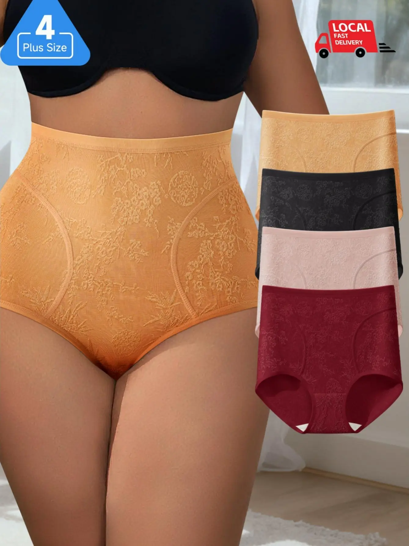 Women's 4PCS Plus Size High-Rise Floral Embroidery Briefs Set, Gentle Tummy Control Wide Waistband, Casual Comfortable Soft Breathable Lightweight Stretchy Smooth Skin-Friendly Non-Irritating Daily All-Season Panties, S-4XL
