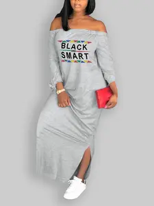 Women's Letter Print Off Shoulder Split Hem Dress, Casual Fashion Long Sleeve Knot Detail Long Dress for Daily Outdoor Wear, Summer Outfits, Dresses for Women, T Shirt Dresses for Women