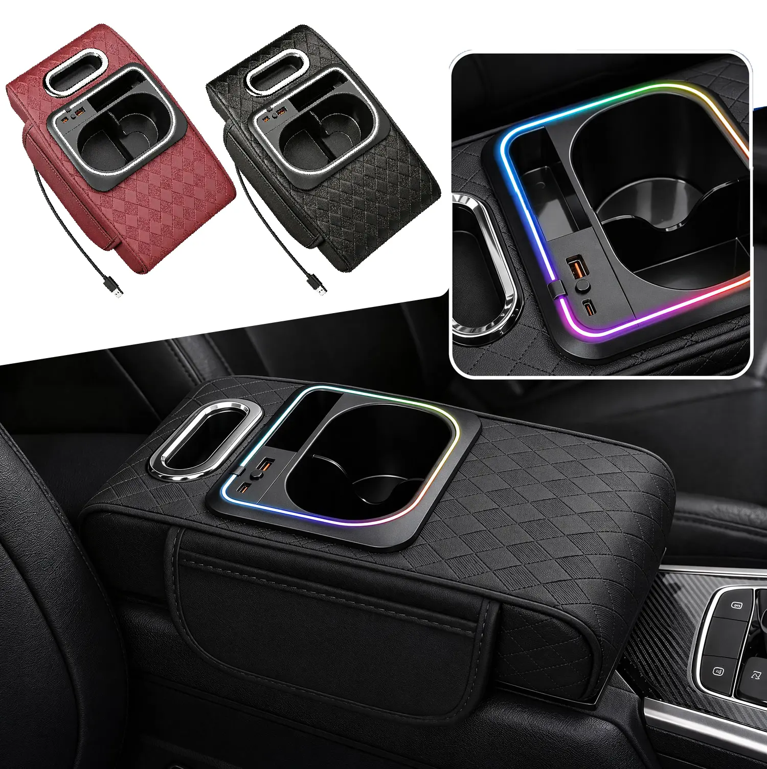 Leather Car Armrest Cushion - RGB LED Ambient Lighting, Soft Rebound Arm Support, Universal Fit Interior Accessory, Easy-Install Center Console Cover, Multi-Compartment Storage + Holders, Waterproof Auto Pad (Black), Armrest Cover, High-Density Sponge Cus