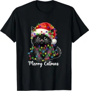 Merry Catmas Black Cat Christmas Light Xmas Family Men Women T-Shirt