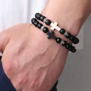 2PCS Men's Bracelets, Faith Cross Blessing Prayer Jewelry, Elastic Beaded Bracelet, Suitable for Daily Wear, Couple's Bracelet, Good Friend's Bracelet simple cross bracelet men