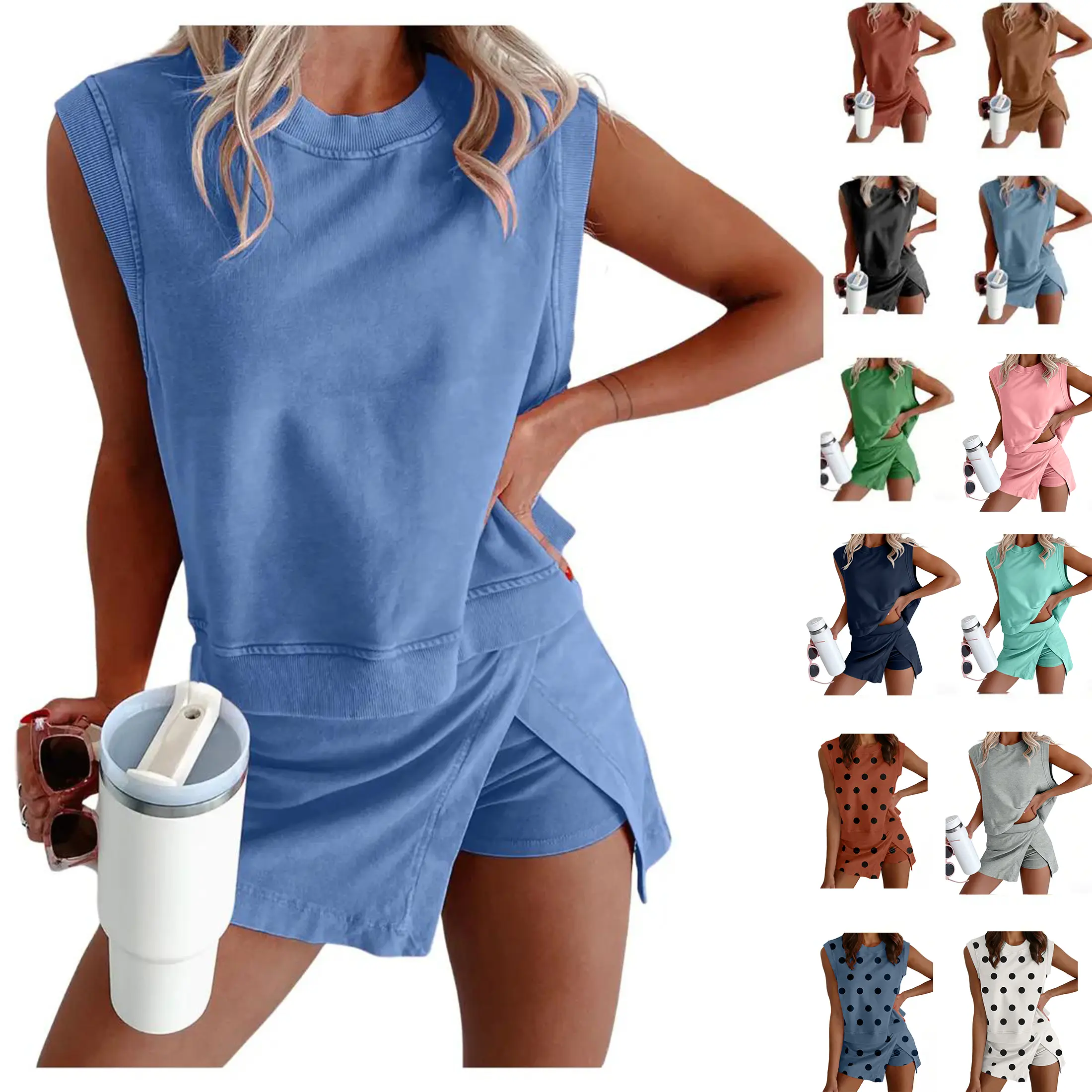 Mundoven Womens Y2K 2 Piece Washed Cotton Outfits Tank Top Skort Set Casual Summer Tracksuit with Side Slit & Built-in Shorts summerwins