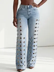 New Summer Autumn European Style Hollow Out Straight Leg Loose Fit Jeans for Women, Trendy Round Ring Design Long Pants, Fashionable Mid Waist Button Fly