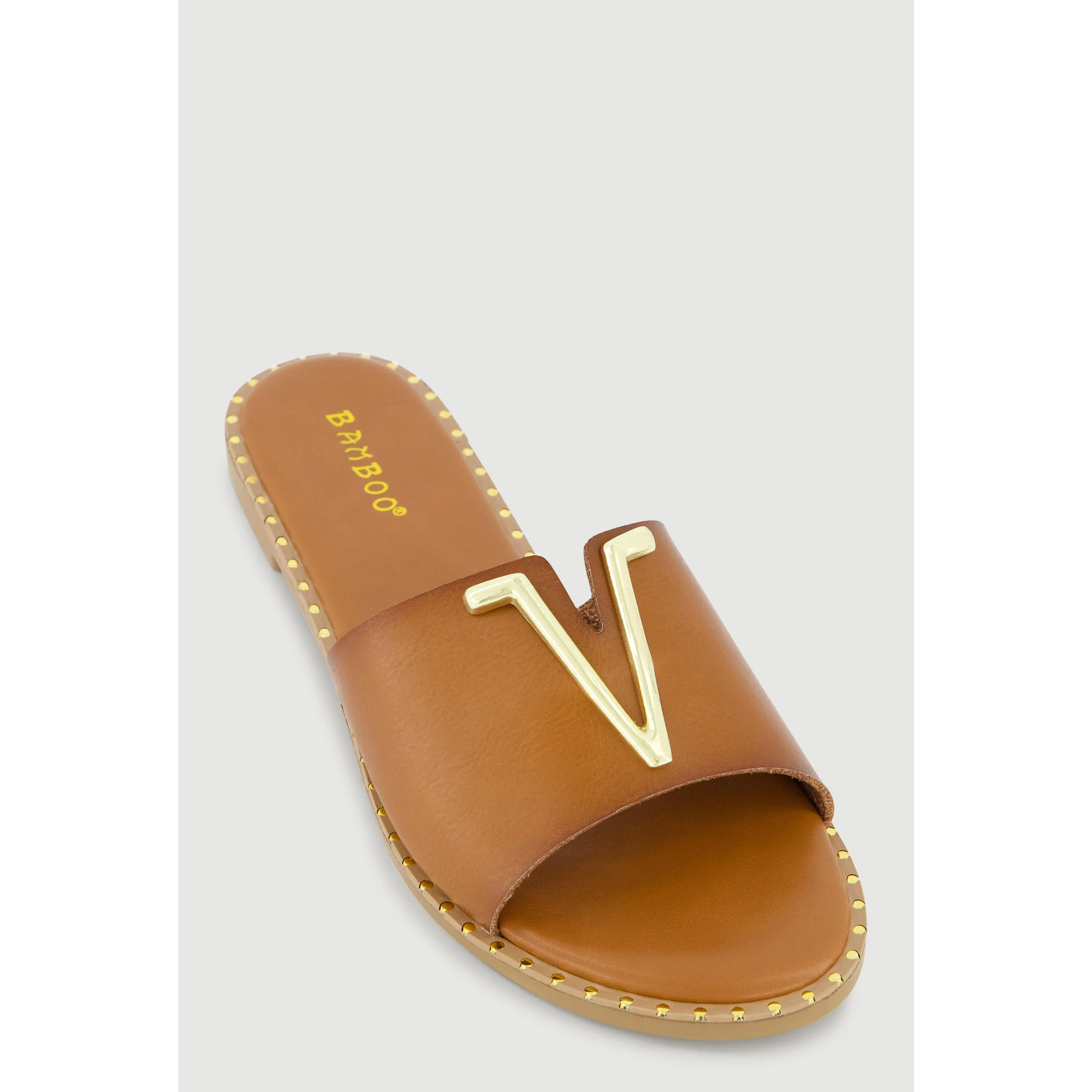 Metallic V Pendant Notched Band Slide Sandals