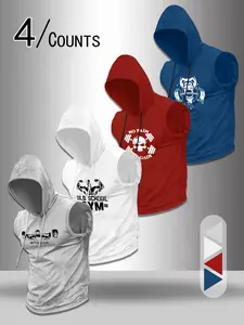 Men's Hardcore Power Print Hooded Sleeveless Tank Tops, Loose-Fitting Workout Clothes, Sporty Style, 4 Pack, No Zipper, with Collar