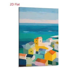 2D flat high-definition canvas wall art; high-definition printing + waterproof & scratch-resistant + long-lasting colorfastness; abstract landscape poster inspired by a Mediterranean town; macaron-colored seaside scenery canvas print that evokes a soothin
