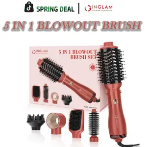 【5 IN 1】INGLAM Interchangeable 5 IN 1 Hair Styler Set,Ceramic Negative Ion Hair Styling Brush,Blow Dryer,Dual Voltage Negative Ion Blowout Brush for Frizz-Free Shine Salon Results at Home,cepillo secador alisado Valentine's Day Gift