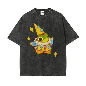 Men's Retro Star Frog Cartoon Oversized Round Neck Short Sleeve Cotton Top - Vintage Washed, Stretch Soft Comfortable Graphic Fabric, Casual Summer Streetwear, Unisex Vintage Clothing