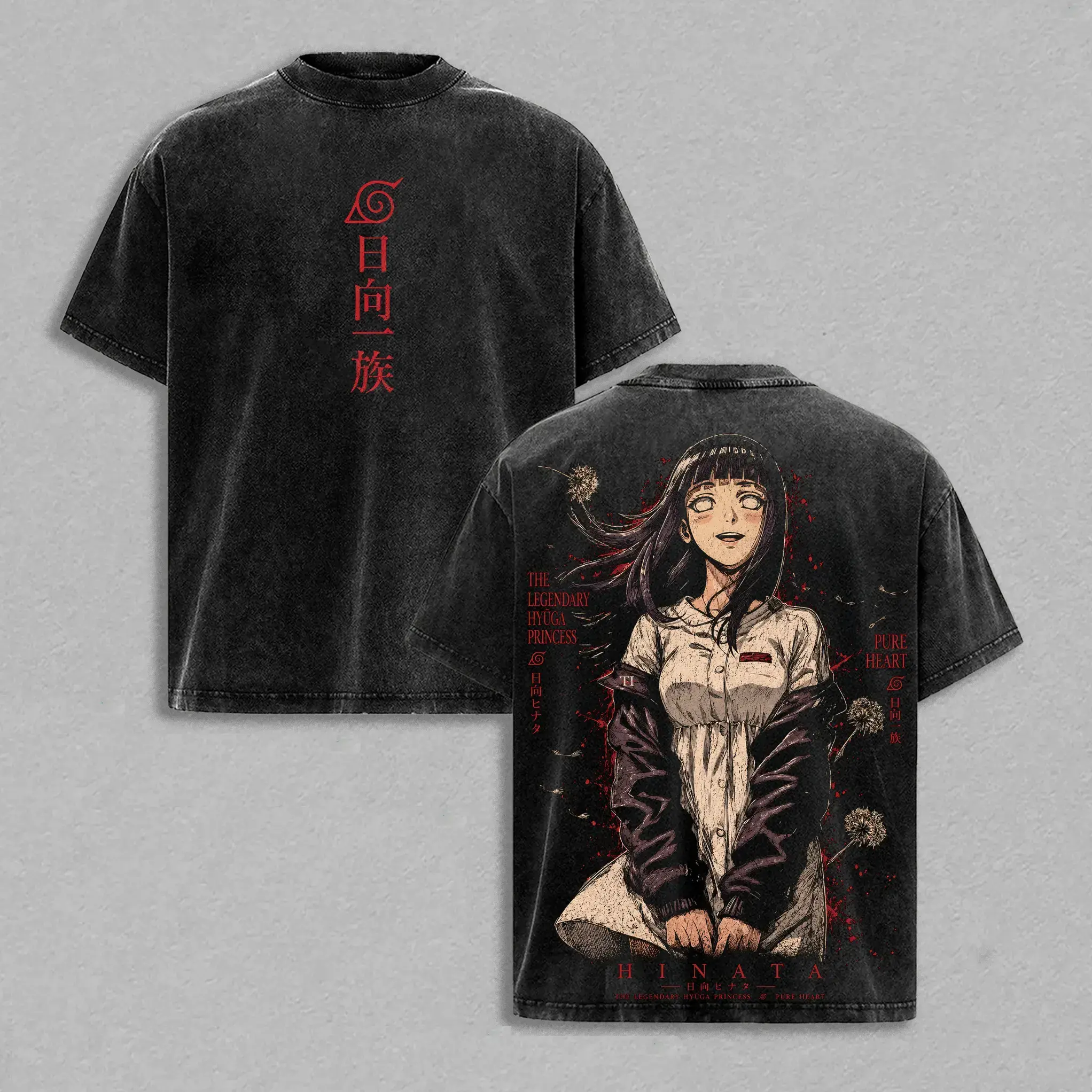 Hinata Hyuga Vintage Washed T-Shirt - Narutoo Shippuden Anime Graphic Tee Streetwear Oversized Heavy Cotton Shirt Retro Manga Unisex Apparel Narutoo Gift for Men & Women