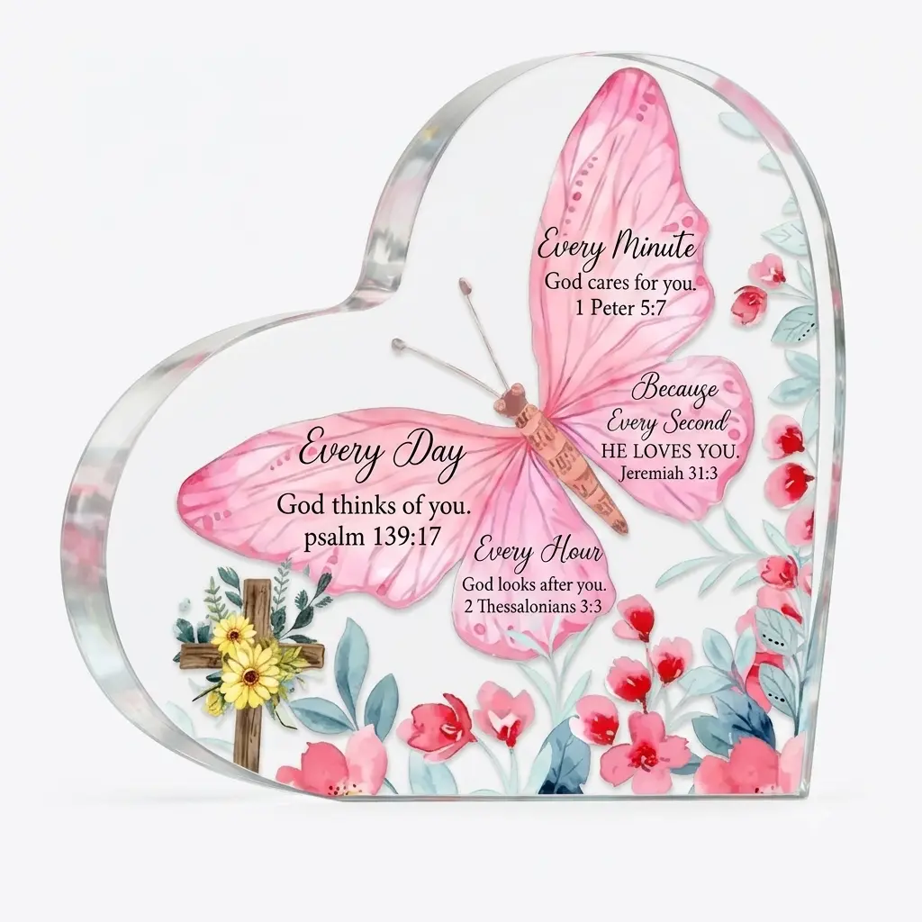 Heart-Shaped Smooth Transparent Acrylic Plaque - Floral Pattern, Butterfly Design, Religious Bible Verses, Home Supplies Desktop Decor, Mom Birthday Gift Signs, Lightweight, Flowers
