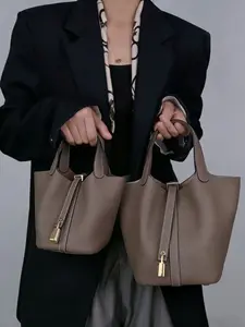 Christmas Gift, Women's Fashionable Plain Color Leather Bag, Casual Versatile Handbag with Lock Design, Trendy All-match Handbag for Daily Use, Purse, Leather Handbags