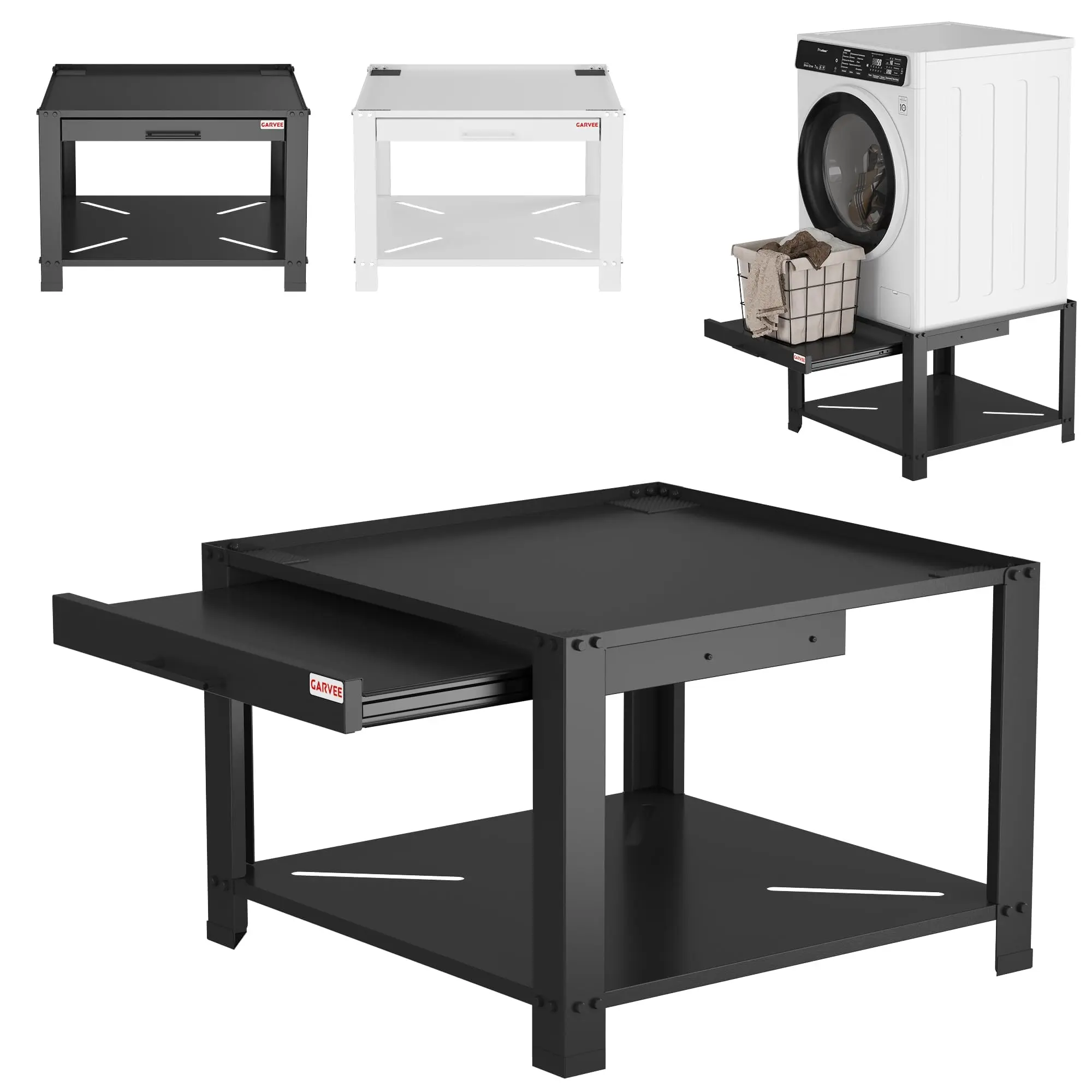 Heavy-duty metal stand for washing machine and dryer with removable basket, compatible with standard models, adjustable anti-vibration pads, 363 kg capacity, storage shelf, black, 74x74x51 cm