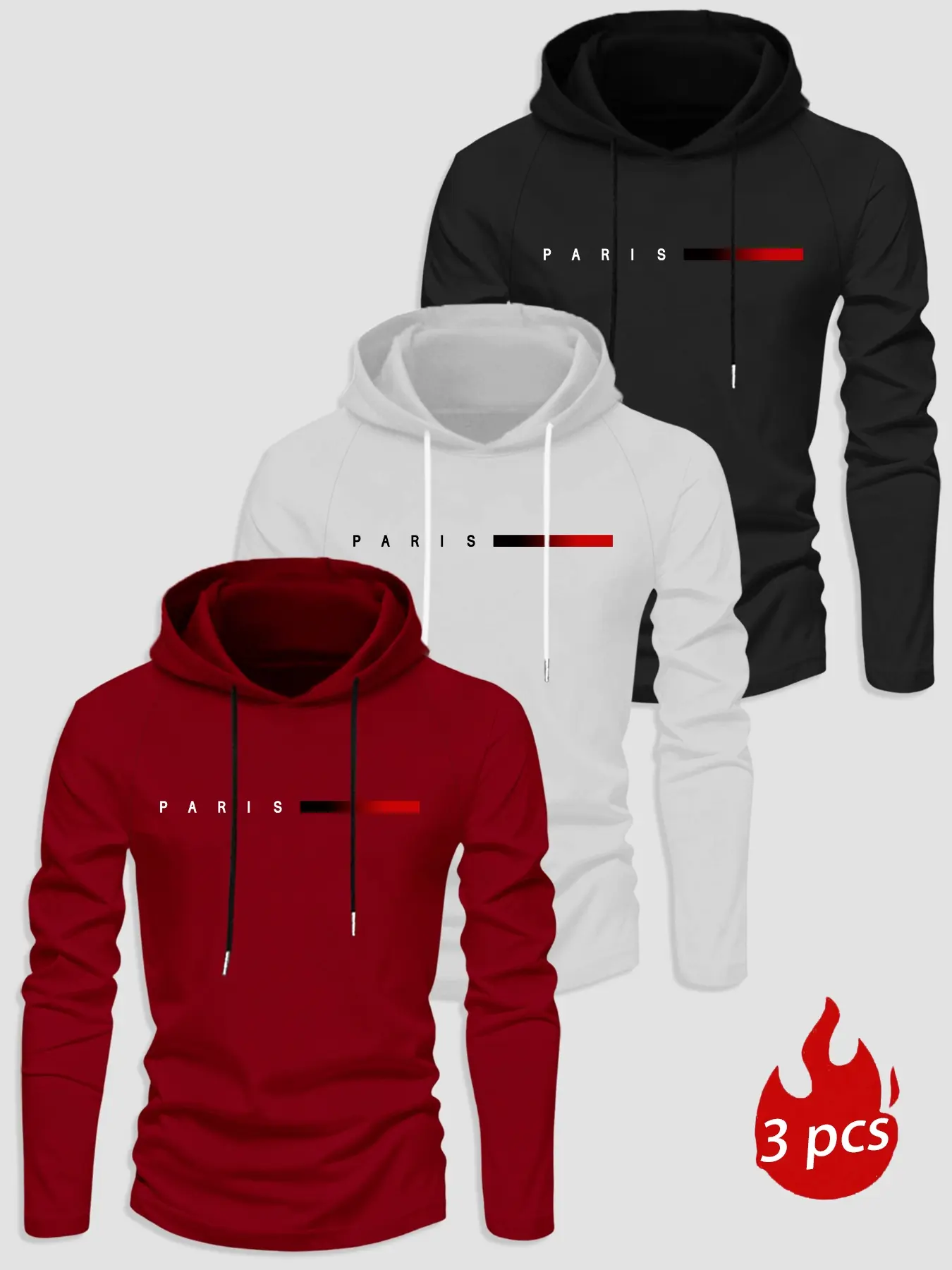 Men's 3-Piece Set Letter Print Graphic Fitted Hooded Long Sleeve T-Shirt, Menswear Fall & Winter Outdoor Aesthetic Casual Versatile Top, 3 Pieces Pack