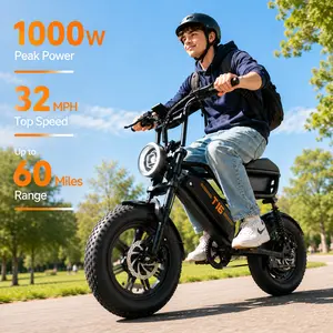 Adult Mini Electric Mountain Commuter Bike - 1000W Peak Motor, 32MPH Fat Tire, 16x3.0 Tires, 48V 13Ah Removable Battery, 60Mi Electric Range, 80Mi Assist Range, 7-Speed Disc Brake