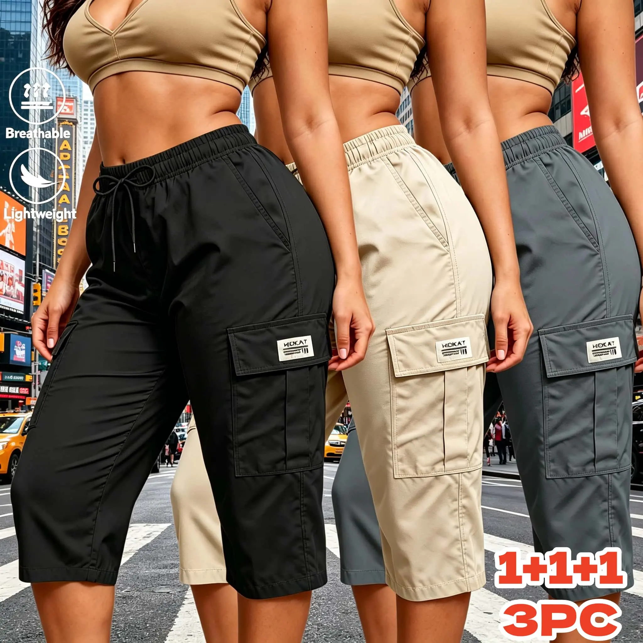 Casual Fashion Women's Cargo Capri Pants Elastic Drawstring Flap Pocket Design Solid Color Loose Fit Daily Street Casual Wear 3PC Women's Clothing