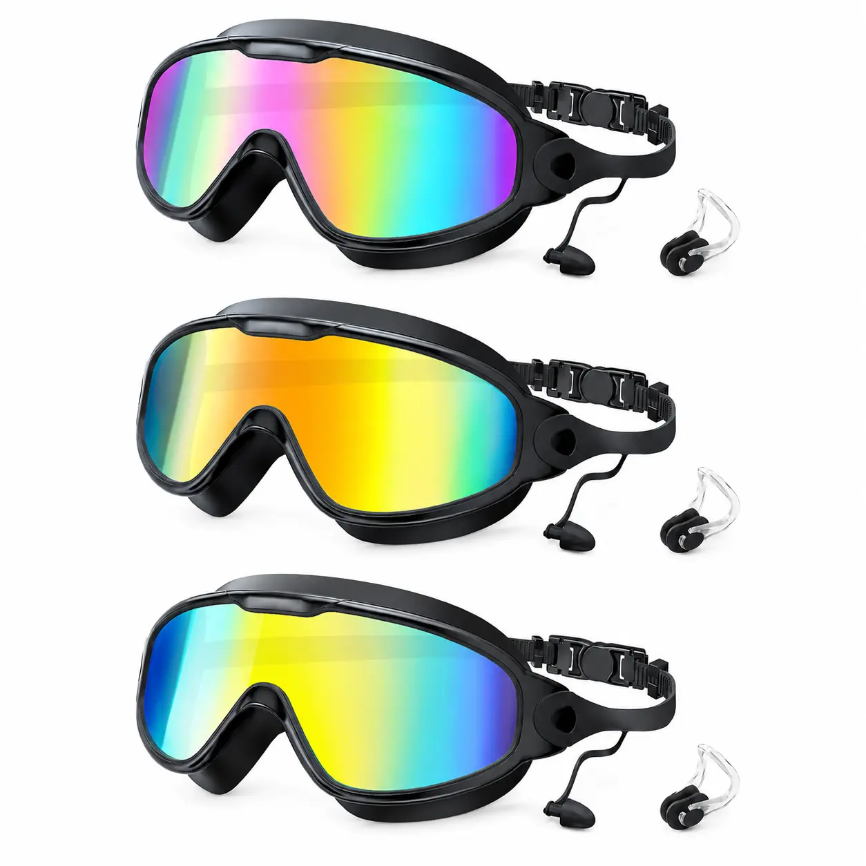 3Pcs Adult Wide Vision Swim Eyewear, Hydrodynamic Design Leakproof Swimming Goggles, Anti-Fog UV Protection Comfortable Fit Glasses for Pool Training Open Water Diving