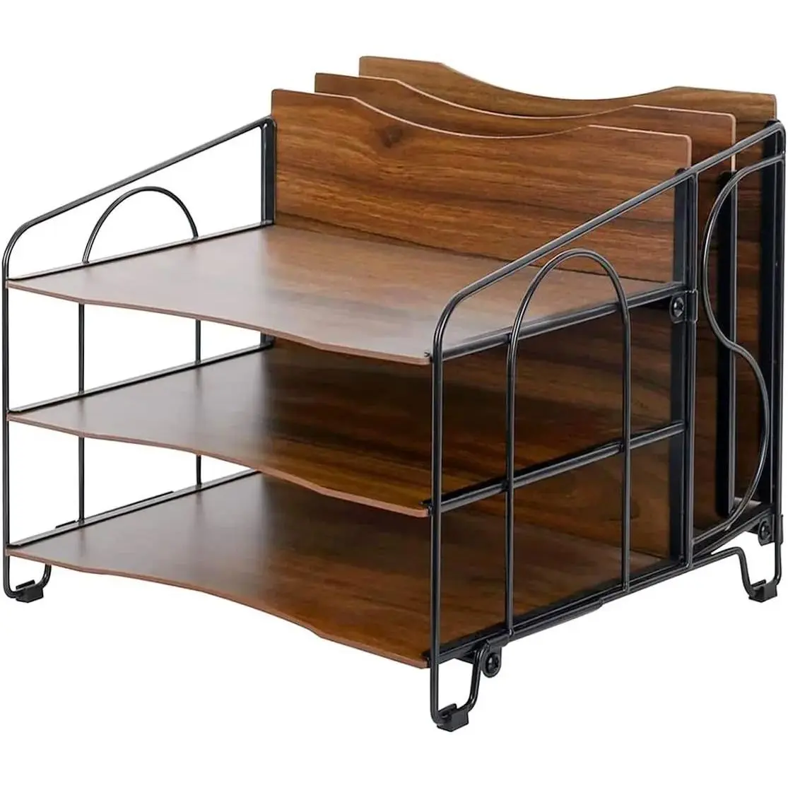 Wood File Organizer, Metal Desk File Organizer with 3 Paper Letter Trays and 2 Vertical Upright Folder Holders, Desk Organizers and Accessories for Office Home School, Black