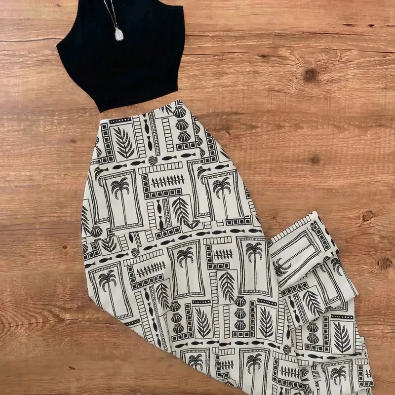 Women's Knitted Sleeveless Cami Top and Woven Skirt Set, Vest, Fashion Slit Button Design, Vintage Palm Leaf Print, Beach Vacation Style, All Seasons, Casual Outfit, Clothes