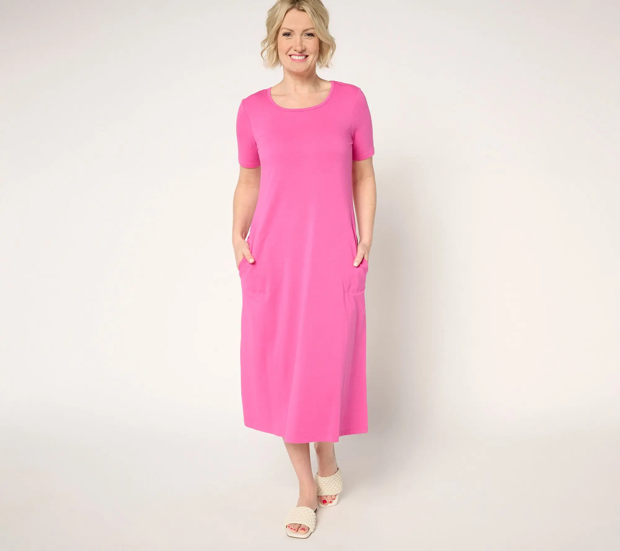 QVC Denim & Co. Petite Favorite Jersey Short-Sleeve Midi Dress for Women, Casual Womenswear