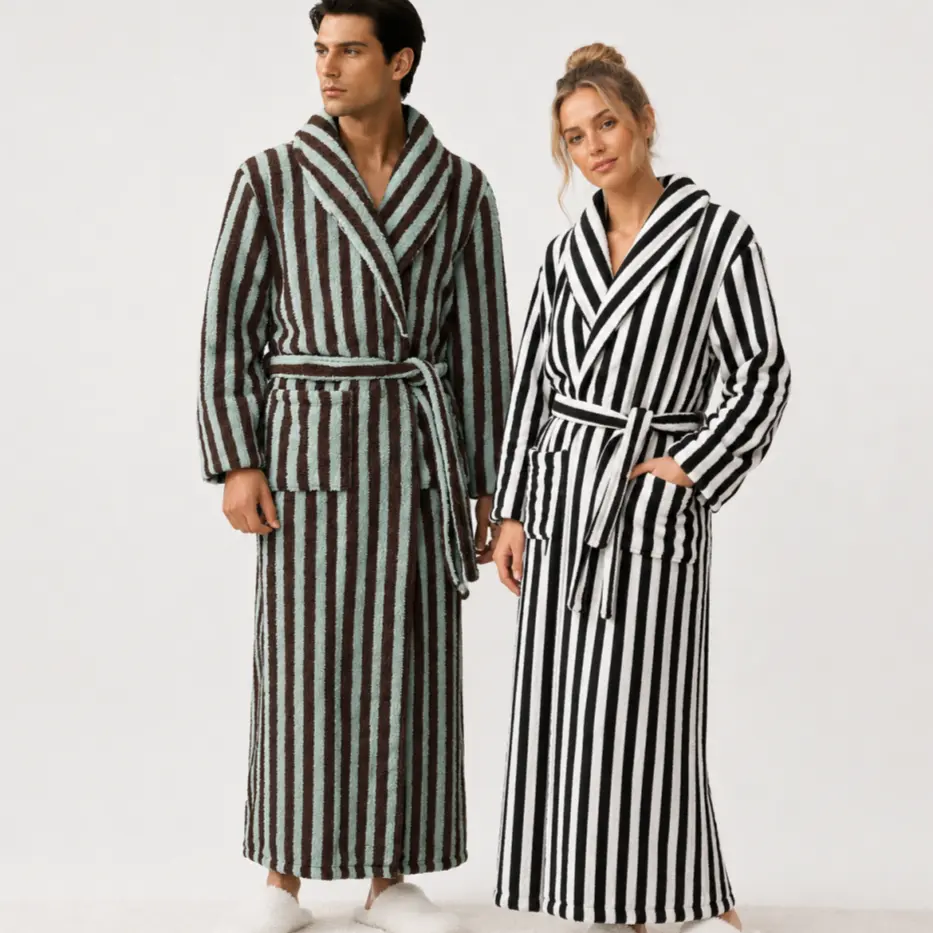 Gihuo Mens Unisex Fluffy Striped Robe Plush Bath Robe Winter Coral Fleece Fuzzy Bathrobe Long Belted Robe Sleeve Loungewear Menswear Nightwear Fabric Thick Fashion Loose
