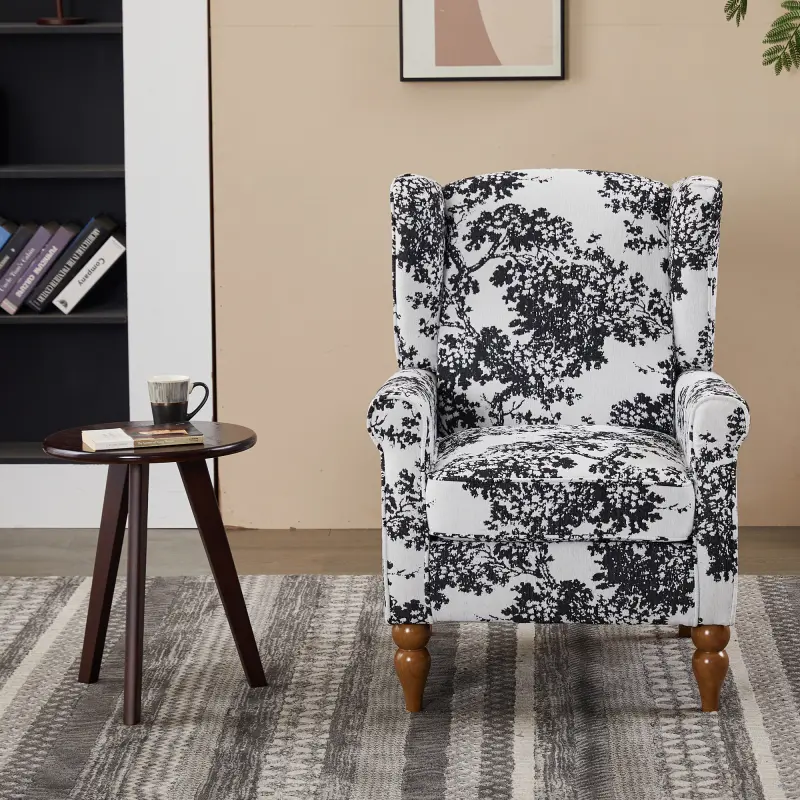 Indoor Furniture Set - 1 High-Back Reading Armchair (Antique White + Gray, Fixed Arms, Foam, Polyester Fabric) & 1 Walnut-Tone Solid Wood Coffee Table, Vintage, Luxury, Sturdy, Minimalist, Ergonomic, Stable for Home, Office Living Rooms, Wingback Chair, A