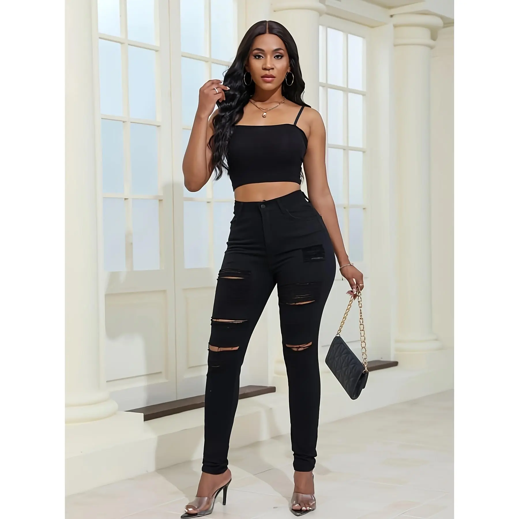 Women Distressed Curvy Jeans Women`s Mid High Waist Stretch Denim Pants Ripped Skinny Jean for women Sexy Denim High Waist Elastic Pencil Pants Capris Skinny Slim  Jeans riden jeans cut pants Women's Wide leggings