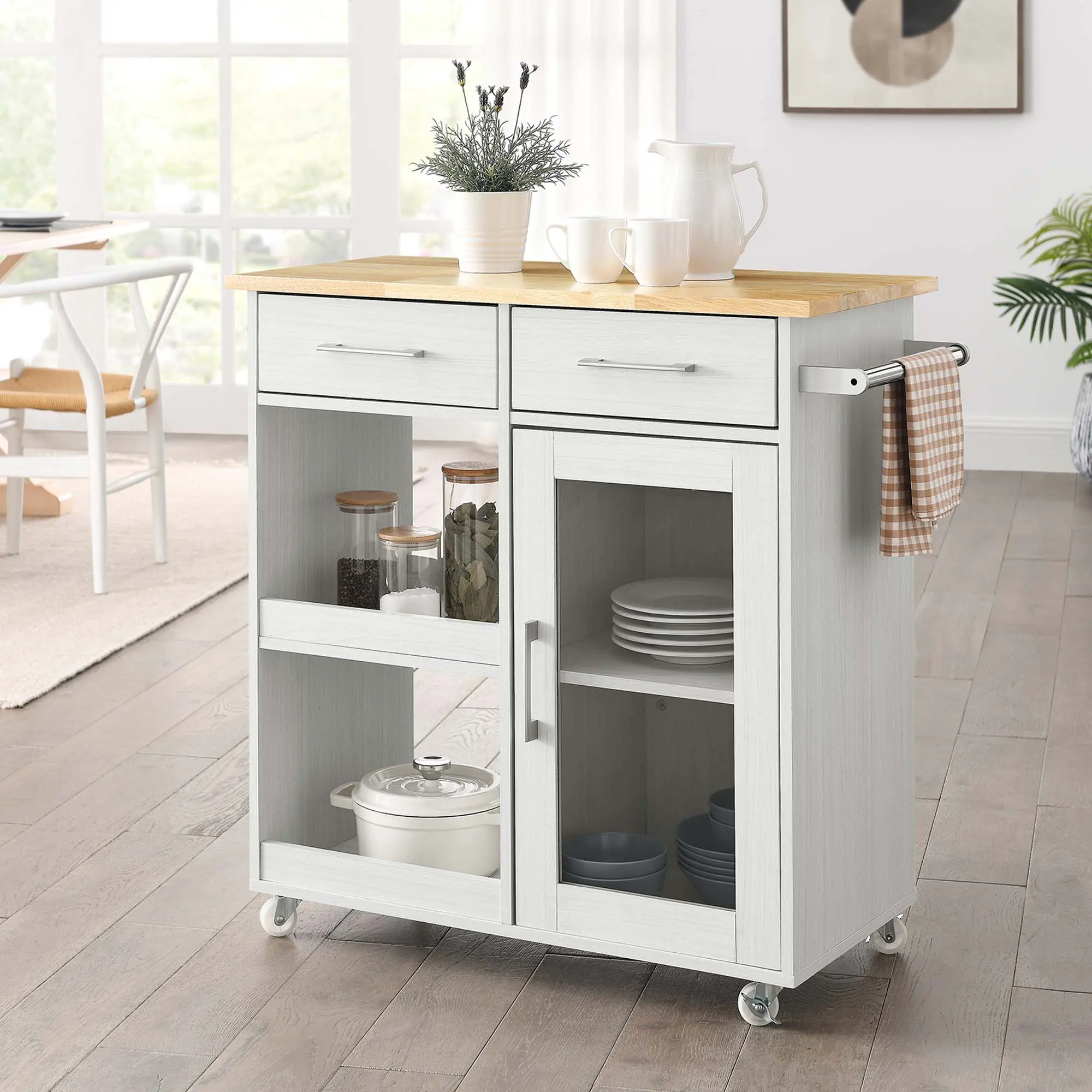 Modway Culinary Kitchen Cart - White Natural, Non-Foldable Kitchen Furniture with Towel Bar, Storage Shelves, Paper Laminate, 276 lbs Weight Capacity, Assembly Required