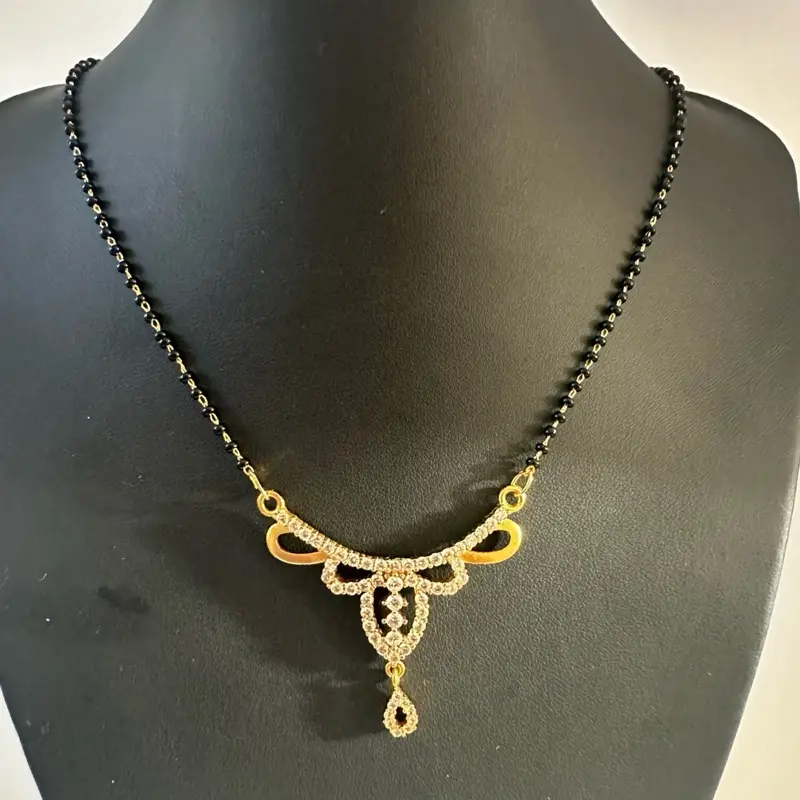 Female Women's Mini Mangalsutra Necklace - Auspicious Heart-Shaped Diamond Pendant, Black Beaded Chain, Metal-Coated Short Chain, Fashionable Jewelry with Cultural Significance for Casual Occasions