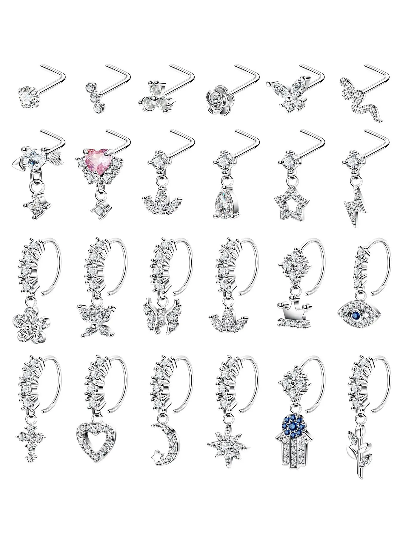 Women's Elegant Rhinestone Decor Nose Ring Set, Butterfly Nose Ring, Trendy Exquisite Nose Piercing Jewelry, Chic Body Jewelry for Parties