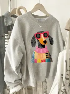 Cute Dog Graphic Oversized Crew Neck Long Sleeve Sweatshirt, Casual Women Pullover