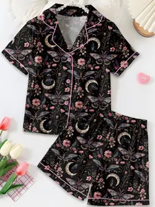 Night Garden Mystical Moth Magic Witchy Floral Satin Pajama Set, Halloween Magic Witchy Floral Pajama Sleepwear, Nighwear Set for Her
