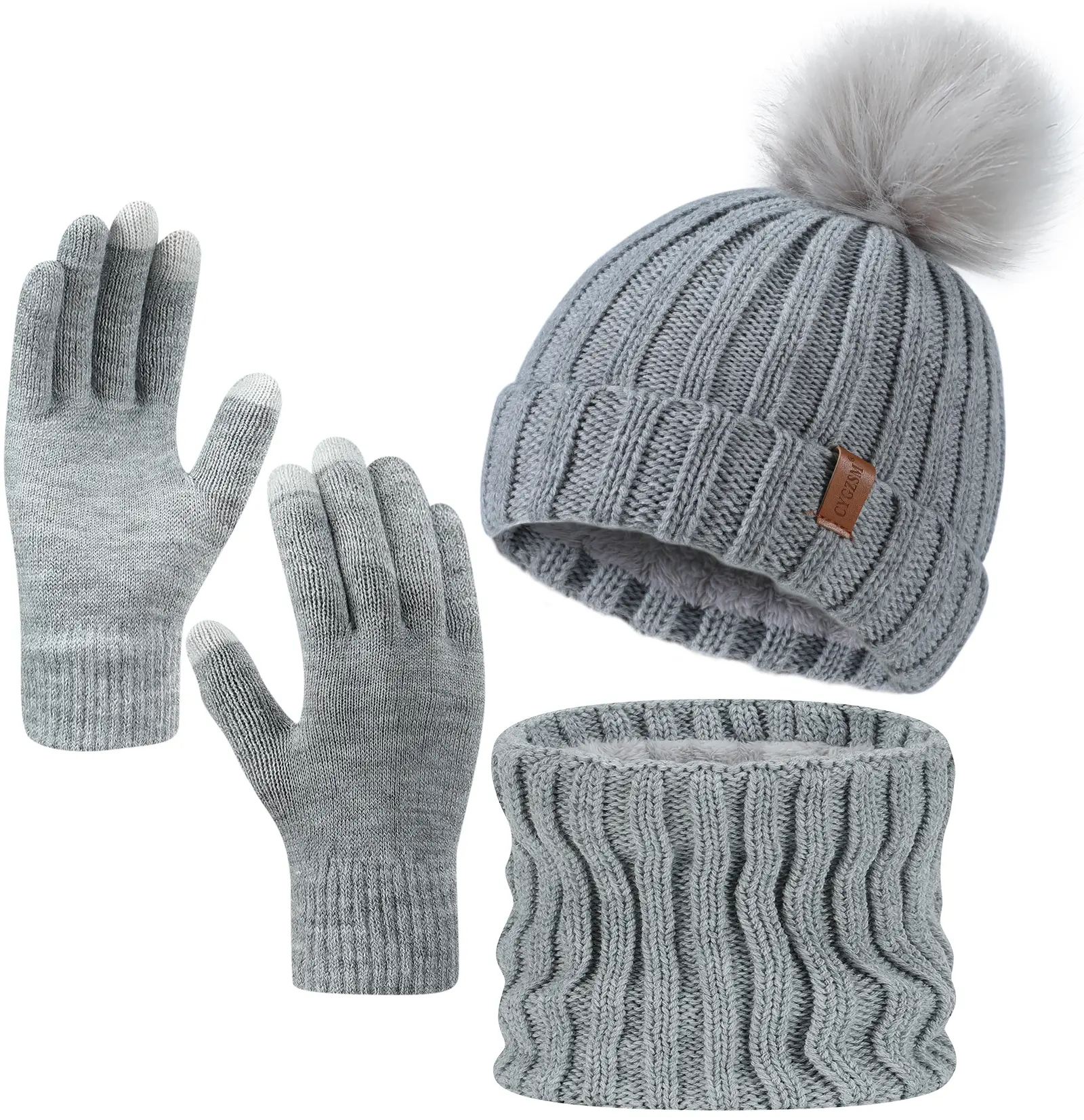 Unisex 3-Piece Winter Knit Accessory Set - Touchscreen Gloves, Beanie, Scarf, Grey, Beanies