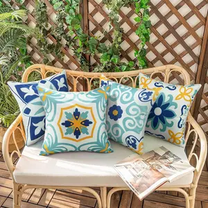 Waterproof Outdoor Pillow Cover Set, 4-Pack 18x18 Inch Blue Floral Bohemian Design for Beach Yacht Garden Furniture, All-Weather Decor, Home Textile