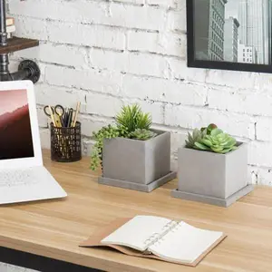 Gray Clay Cube Planters with Removable Trays, Set of 2