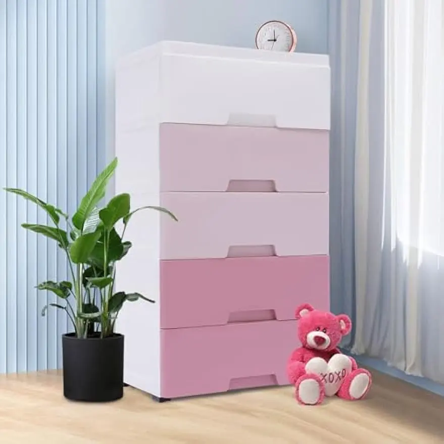 5 Tier Plastic Drawers Dresser Storage Tower with 5 Drawers,Stackable Storage Organizer Cabinet Vertical Storage Tall Small Closet for Storing Clothes,Towels,Toys (Gradient Pink)