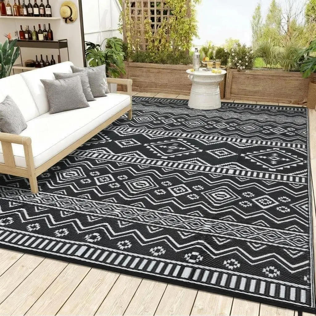 9x18 Rectangular Reversible Waterproof Polypropylene Outdoor Rug - Durable, Stain-Resistant, Fade-Resistant, Foldable Travel-Ready RV Mat for Patio, Indoor Use