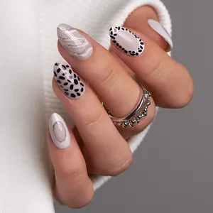 Curvlife medium almond french Nail Art Press On Nails  patterns prints; glitter nude glossy shiny 2 Week Wear