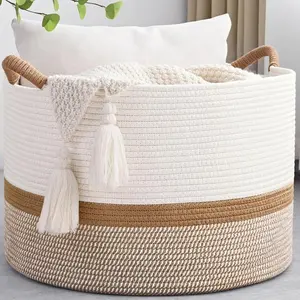 Large Blanket Basket with Handles ,Woven Baskets for Laundry and Room, Cotton Rope Blanket Basket for  Pillows, Toy chest(20"x13")