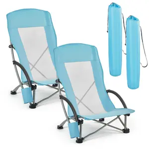 VEVOR Folding Beach Chair, High Back Camping Chairs for Adults, with Cup Pocket, Mesh Back, Carry Bag, Portable Extra Wide Seat Chair 330 lbs Heavy Duty Support, for Outdoor, Camp, Light Blue, 2 Pack