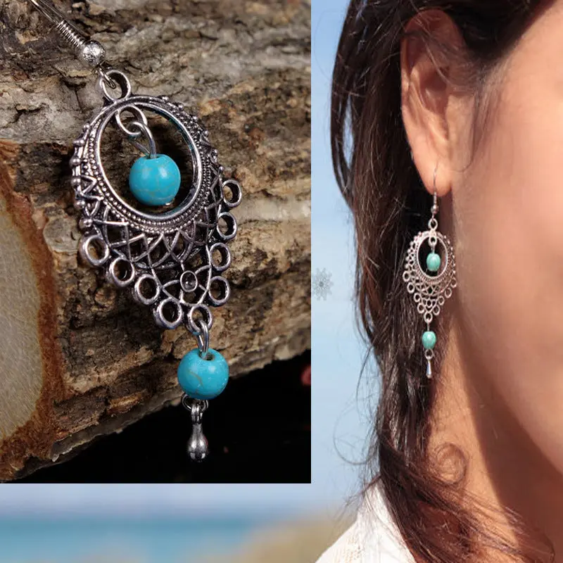 Boho Vintage Turquoise Drop Earrings - Exquisite Hollow Silver Design