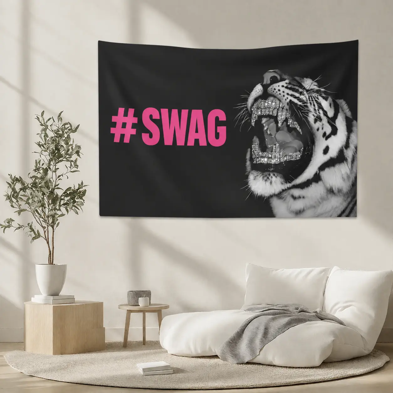 #SWAG Diamond Teeth Tiger Tapestry, Black and Pink Hip Hop Decorative Wall Hanging, Cool Street Art Home Decor for Bedroom, Dorm