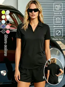 Women's Sporty Slim Fit Polo Shirt, Breathable Tennis Golf, Soft Lightweight Elastic Casual Short Sleeve, Spring Summer Daily Wear