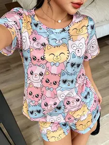 Women's Casual Pajama Set, Cute Cat Pattern, Super Comfortable Fabric, Ideal for Sleepwear Parties, Cozy Nightwear for Women, Pjs